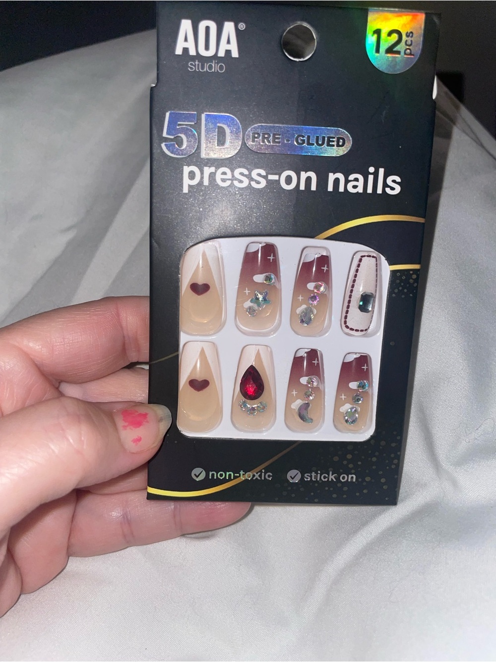 Aa Studio Beige and Burgundy Jeweled 5D Pre-Glued Press-On Nails